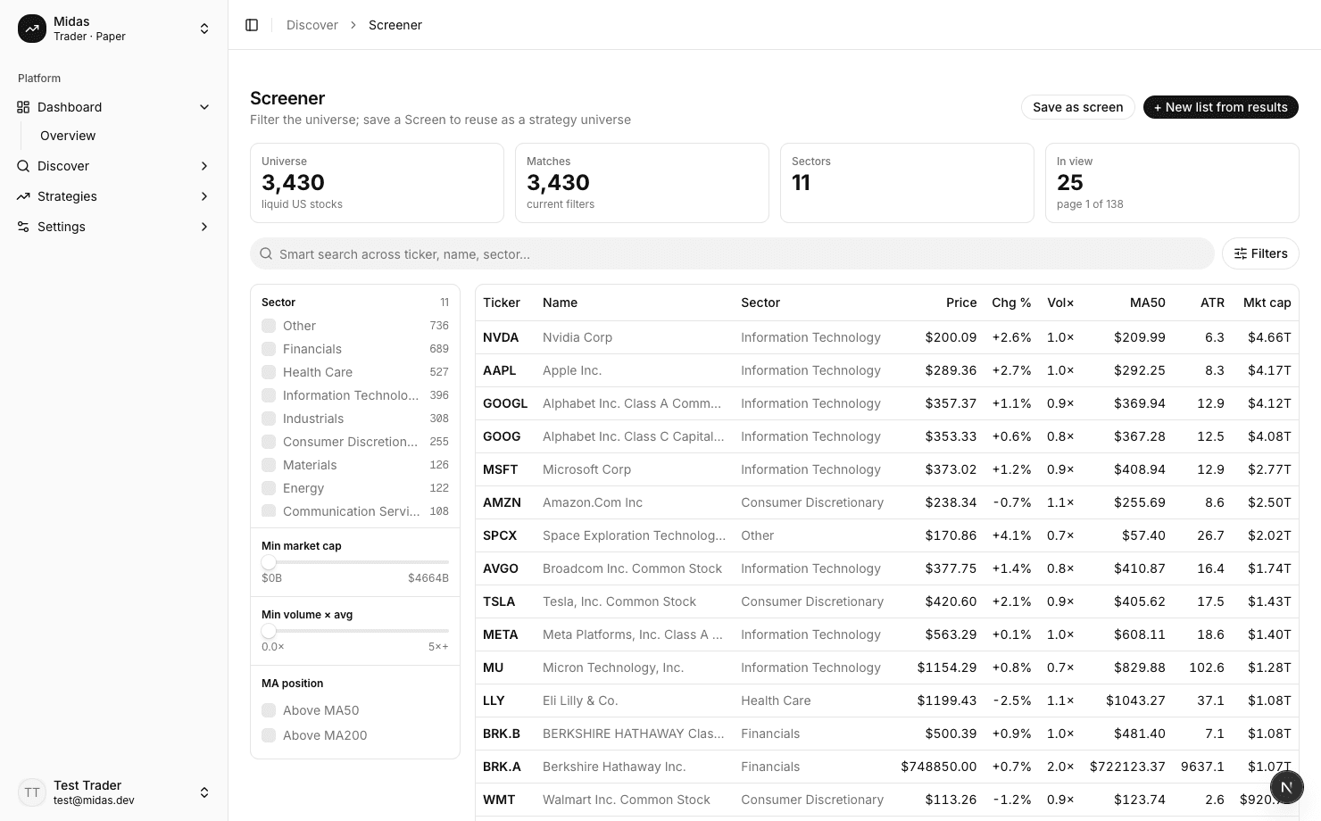 Midas screener interface